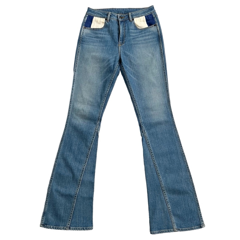 Vintage Panel Pieced High Rise Flare Jeans Blue White Fabric Inset at Pockets